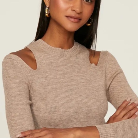 Hudson Women's wool Tan Crewneck Cutout Shoulder Stretchy Sweater new, as is L - Picture 2 of 16